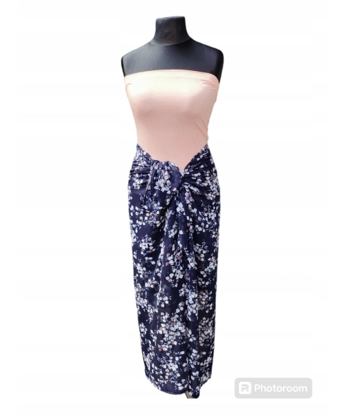 Duża chusta plażowa - eleganckie PAREO XXL szyfon białe kwiatuszki